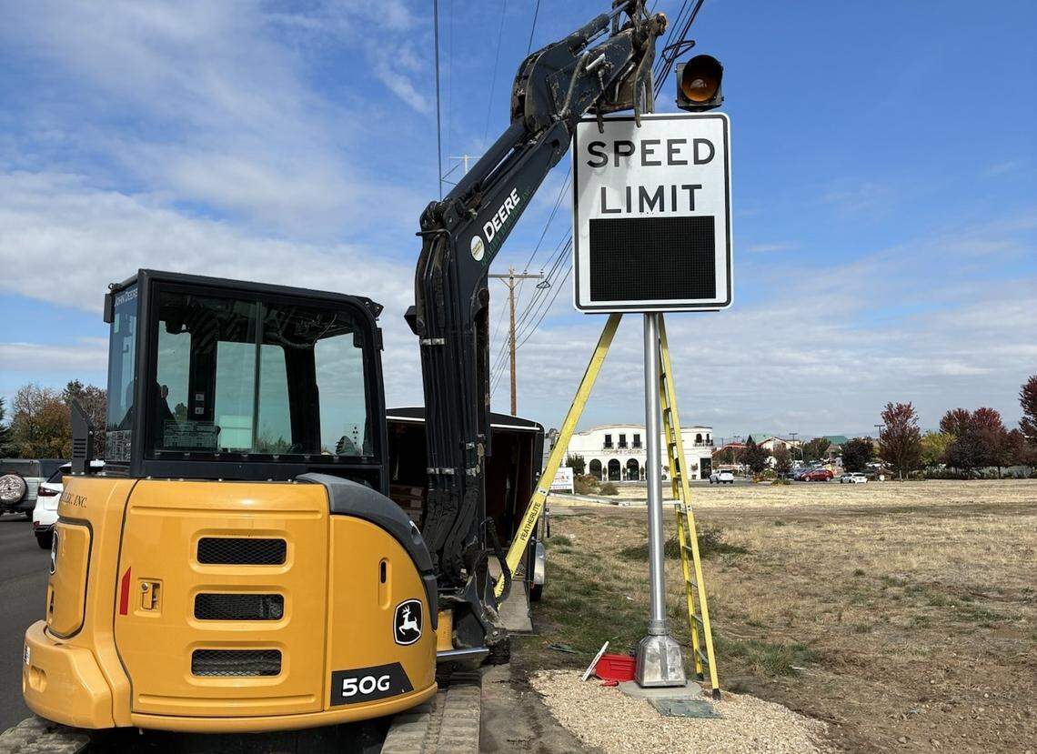 New speed limit signs are going up along Eagle Road. These signs will be able to adjust limits during peak hours. They are not yet operational.