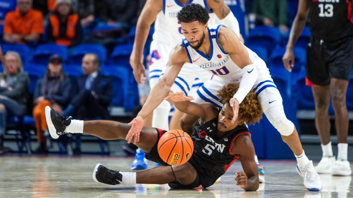 Boise State guard Marcus Shaver Jr. steals the basketball from Cal State Northridge guard Atin Wright in the first half Tuesday at ExtraMile Arena in Boise.
