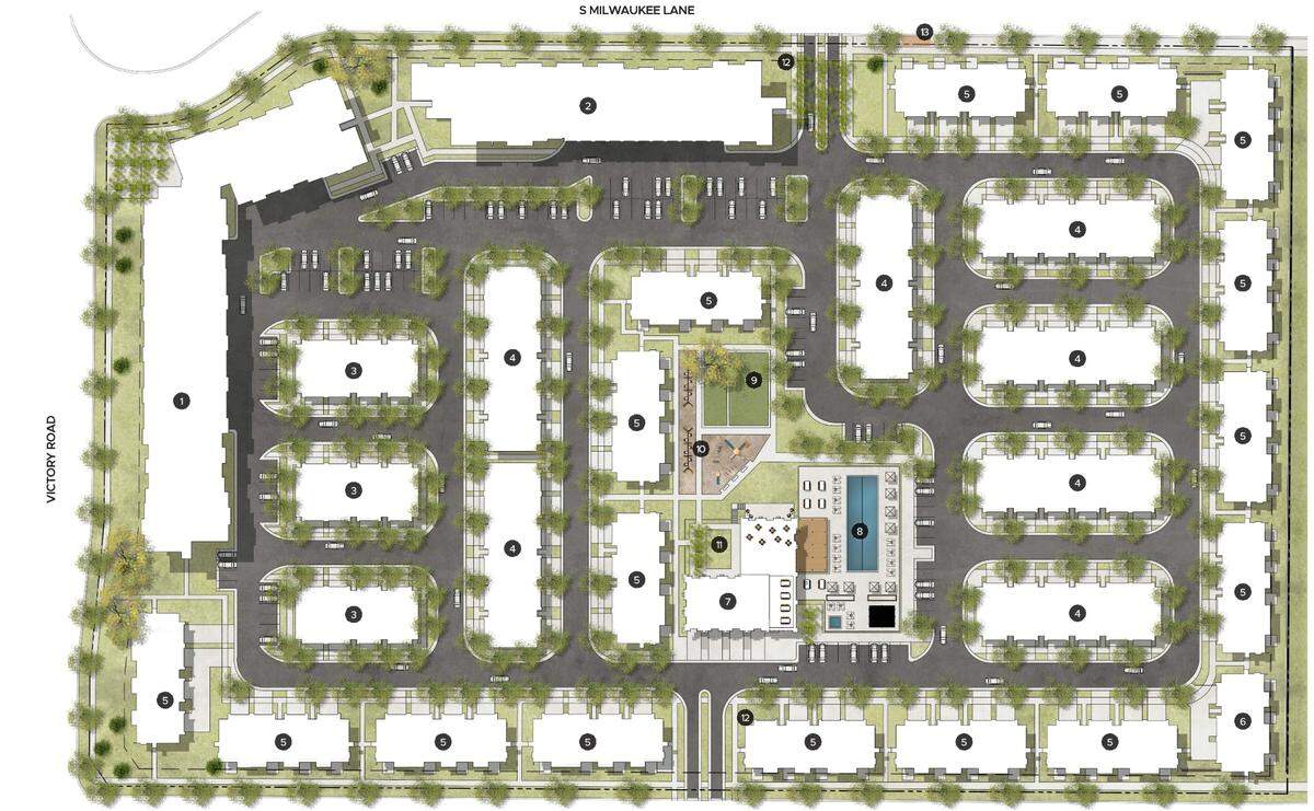This overhead map of the proposed Victory Flats project shows 29 buildings. The development would include 301 units.
