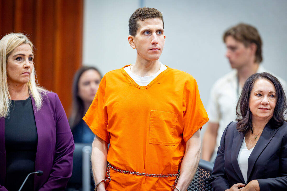 Bryan Kohberger, center, stands with defense attorneys Anne Taylor, left, and Elisa Massoth at the end of his sentencing hearing on July 23, 2025, at the Ada County Courthouse in Boise, Idaho. Kohberger was sentenced to life in prison for killing four University of Idaho student murders in November 2022.