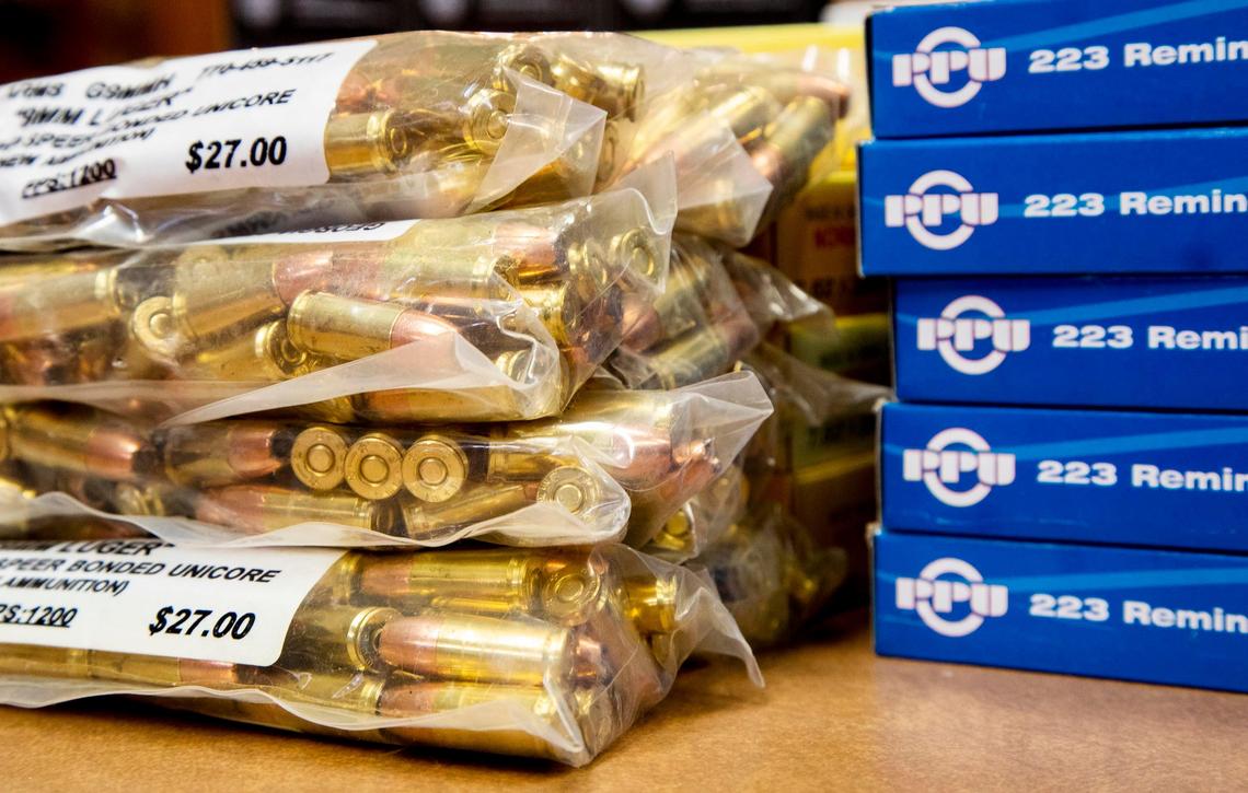 Ammunition at Buckhorn Gun & Pawn, 6601 W. Ustick Road in Boise. “In the last two weeks we’ve seen a decline in the urgency of running out and purchasing a firearm,” owner Matt Perry said.