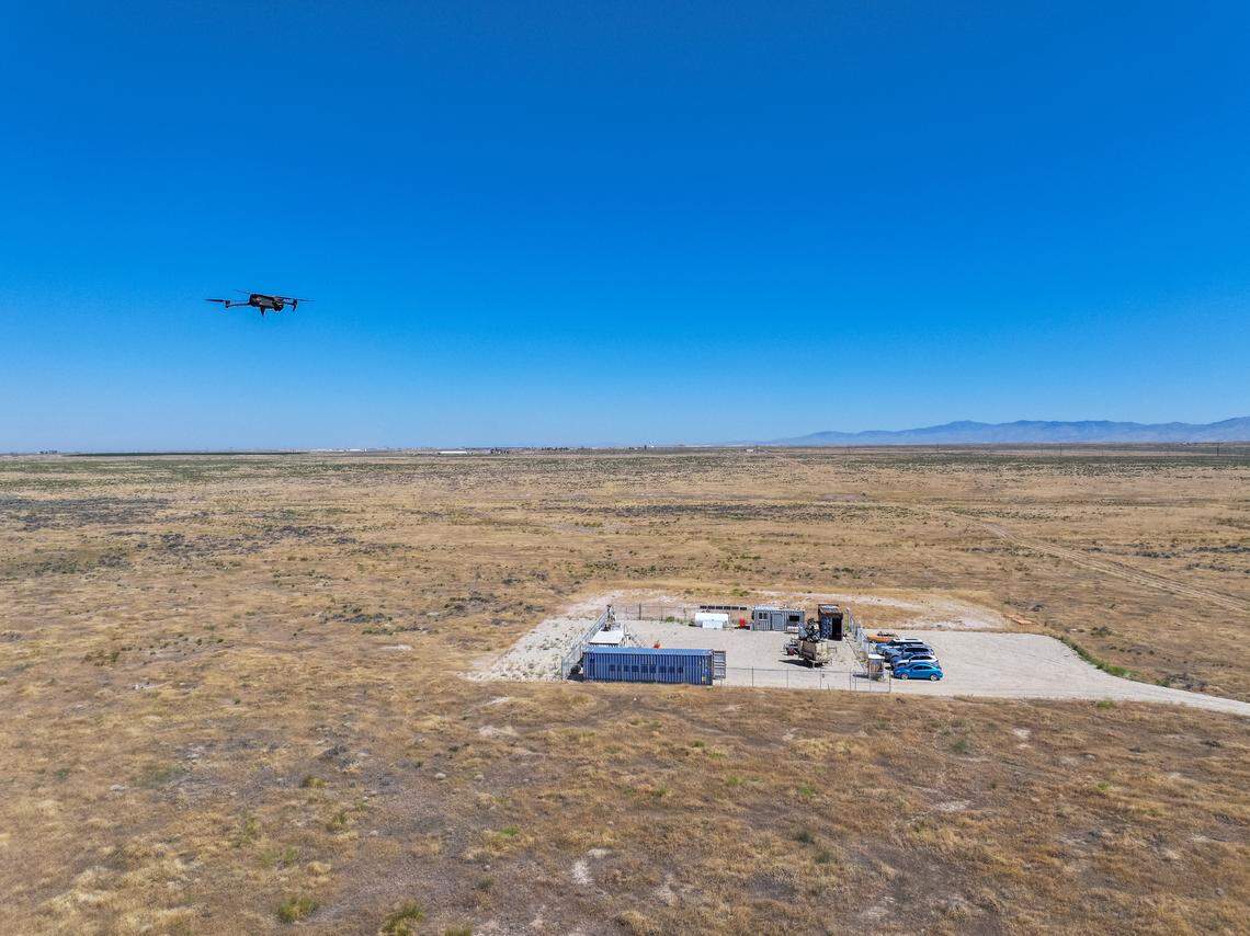 A drone hovers above DZYNE Technologies’ Sage Works test site south of the Boise Airport near Kuna. The facility, not far from the Idaho Department of Correction’s Boise-area prison complex, will expand to 100 acres and carries approval from the FAA to conduct beyond visual line of sight testing.