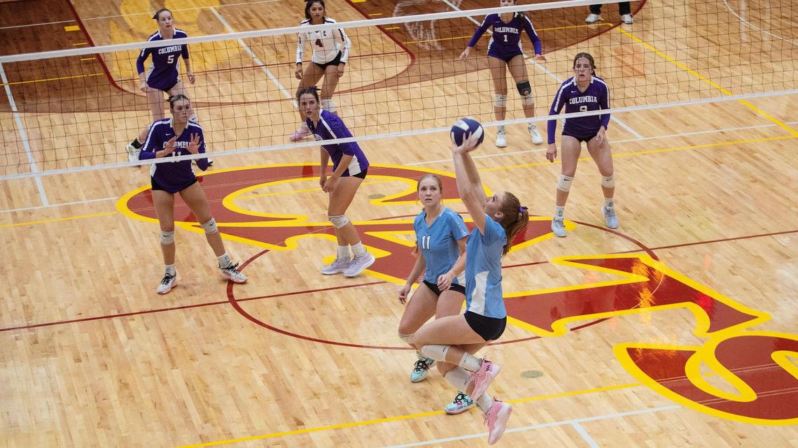 Skyview junior Alex Bower sets the ball during their game against Columbia on Thursday. Skyview remains unbeaten in the 4A SIC.