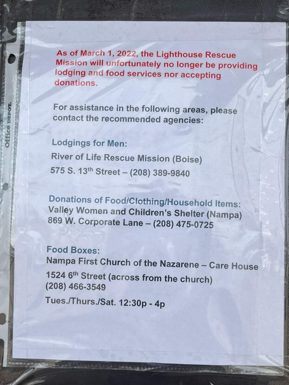A sign posted on the door of the Lighthouse Rescue Mission in Nampa, saying the shelter was closed starting March 1.