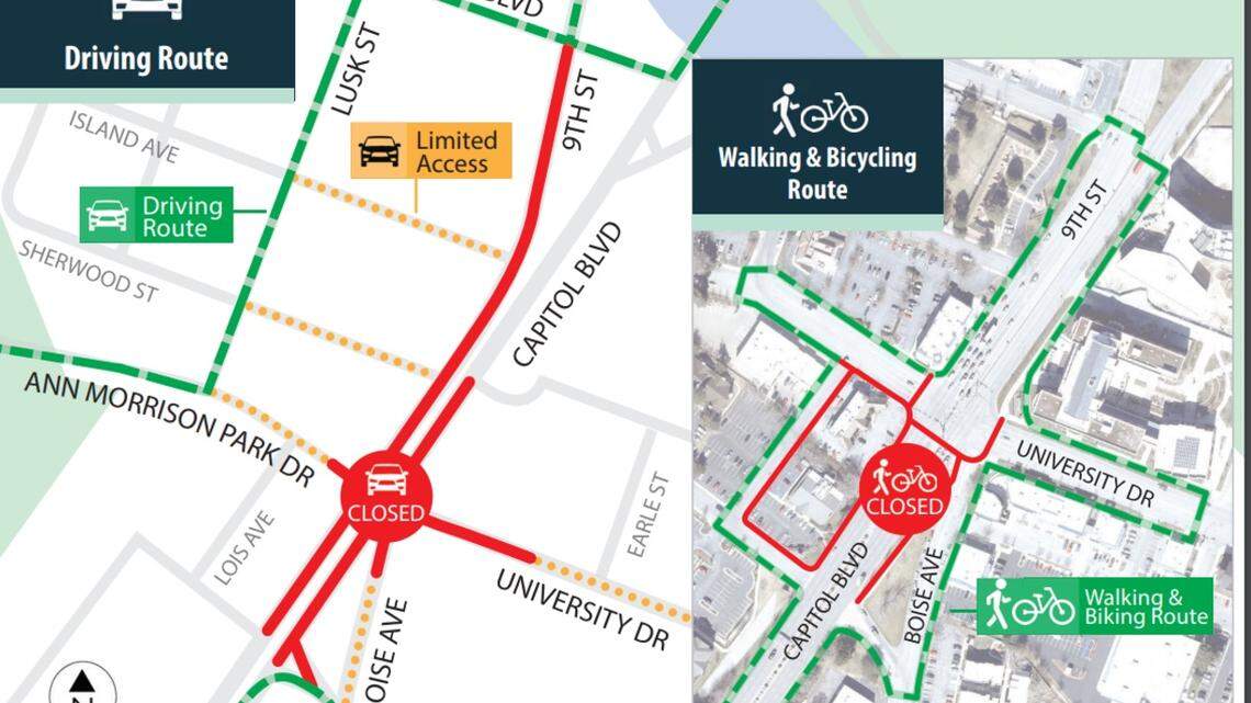 The intersection of Capitol Boulevard and University Drive will be closed from 8 p.m. on July 16 to 5 a.m. on July 19, the Ada County Highway District said in a news release.