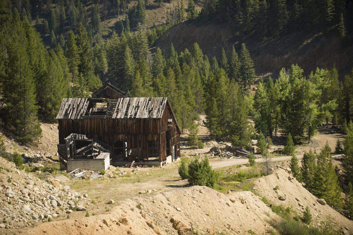 The last surviving building above the Yellow Pine pen-pit gold mine in the Stibnite Mining District east of Yellow Pine. Midas Gold seeks to recover gold, silver and antimony from previously mined rock and to mine anew. The company said its plans would improve fish habitat and restore lands damaged by past mining.