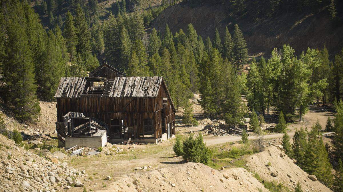 The last surviving building above the Yellow Pine open-pit gold mine in the Stibnite Mining District east of Yellow Pine. Midas Gold seeks to recover gold, silver and antimony from previously mined rock and to mine anew. The company said its plans would improve fish habitat and restore lands damaged by past mining.