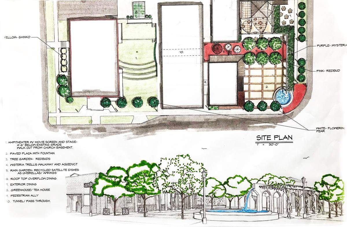 Plans for the half-block include an amphitheatre, a military memorial and a public plaza. The fountain pictured above would be replaced with a splash pad, said developer Mike Mussell.