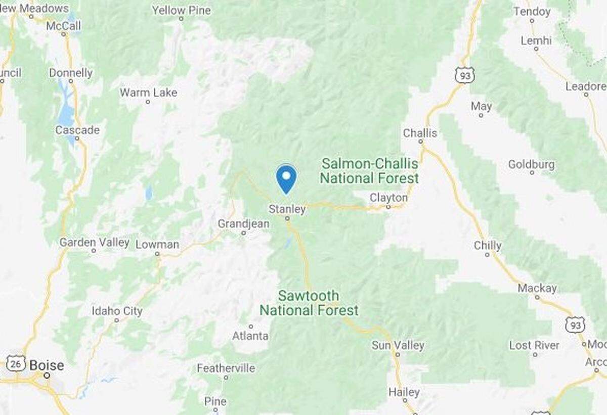 Stanley, Idaho, marked with a pin, is a 132-mile drive from Boise, 76 miles as the crow flies.