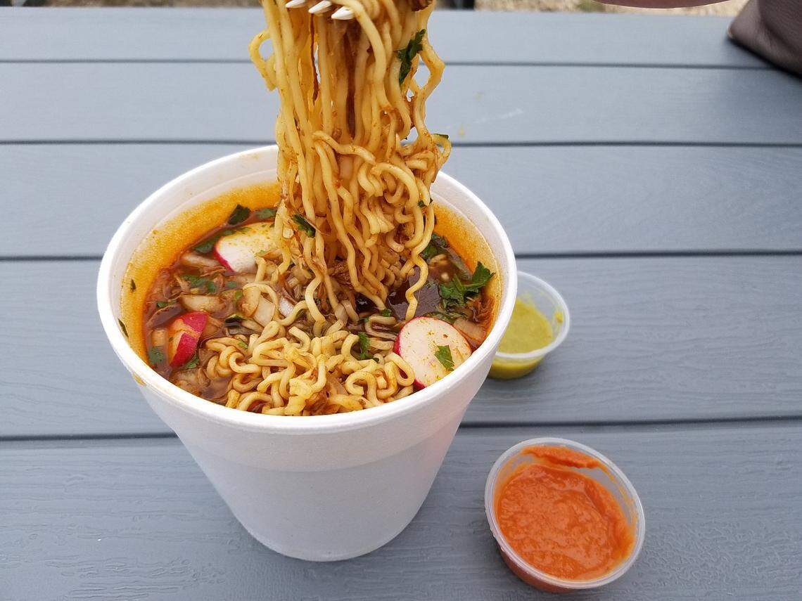 For $8, you get a large cup of noodles with birria. Add a taco to dip for $3.