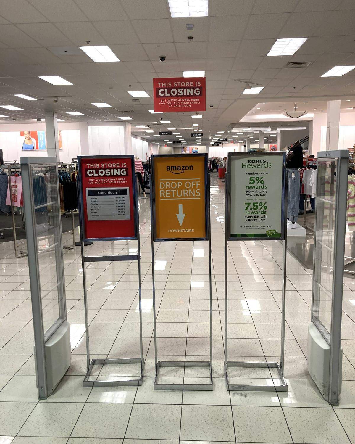 Signs in February 2025 face shoppers at an inside-the-mall entrance to Kohl’s in the Boise Towne Square.