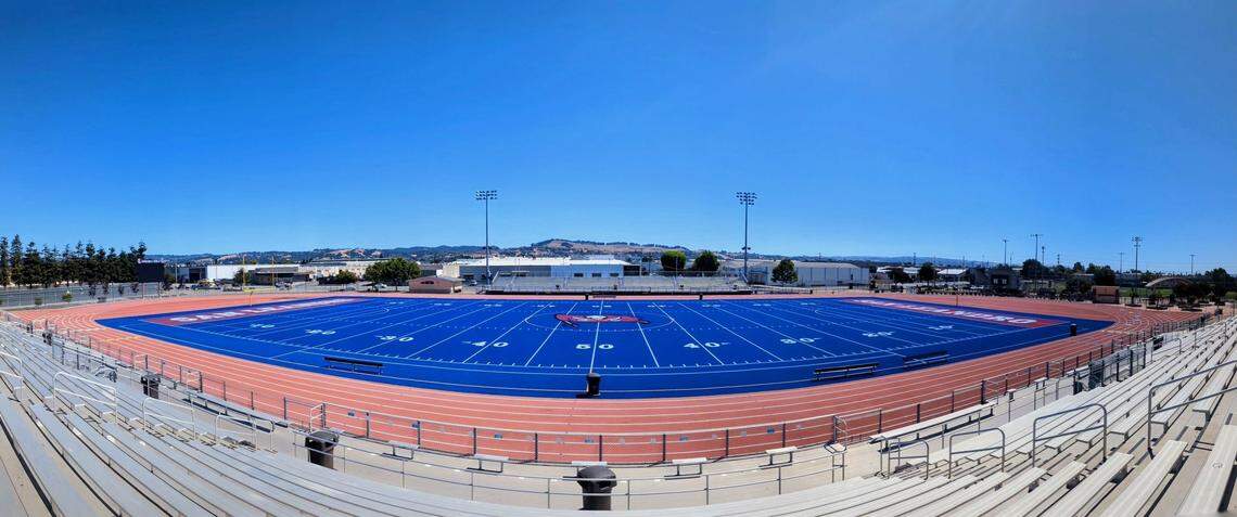 The blue field at San Leandro High School in California, where former Boise State offensive tackle Charles Leno played and graduated. Leno helped pay for the new turf.
