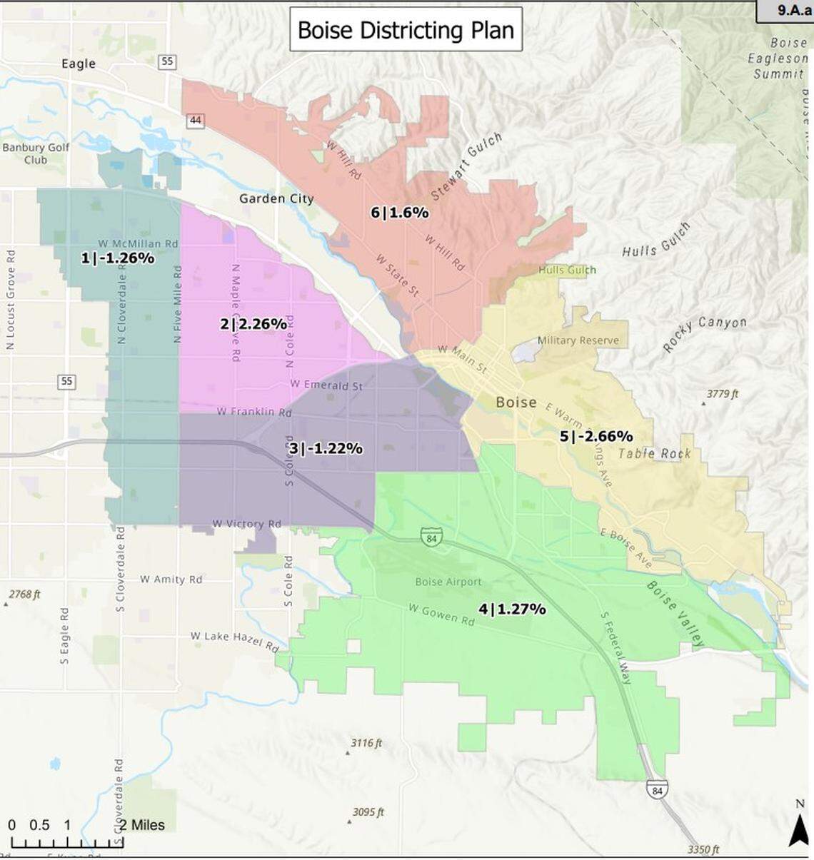 The new Boise City Council districts will be used to elect all six members of the council in 2023. The percentages listed show how much each district size differs from what the average district size would be.