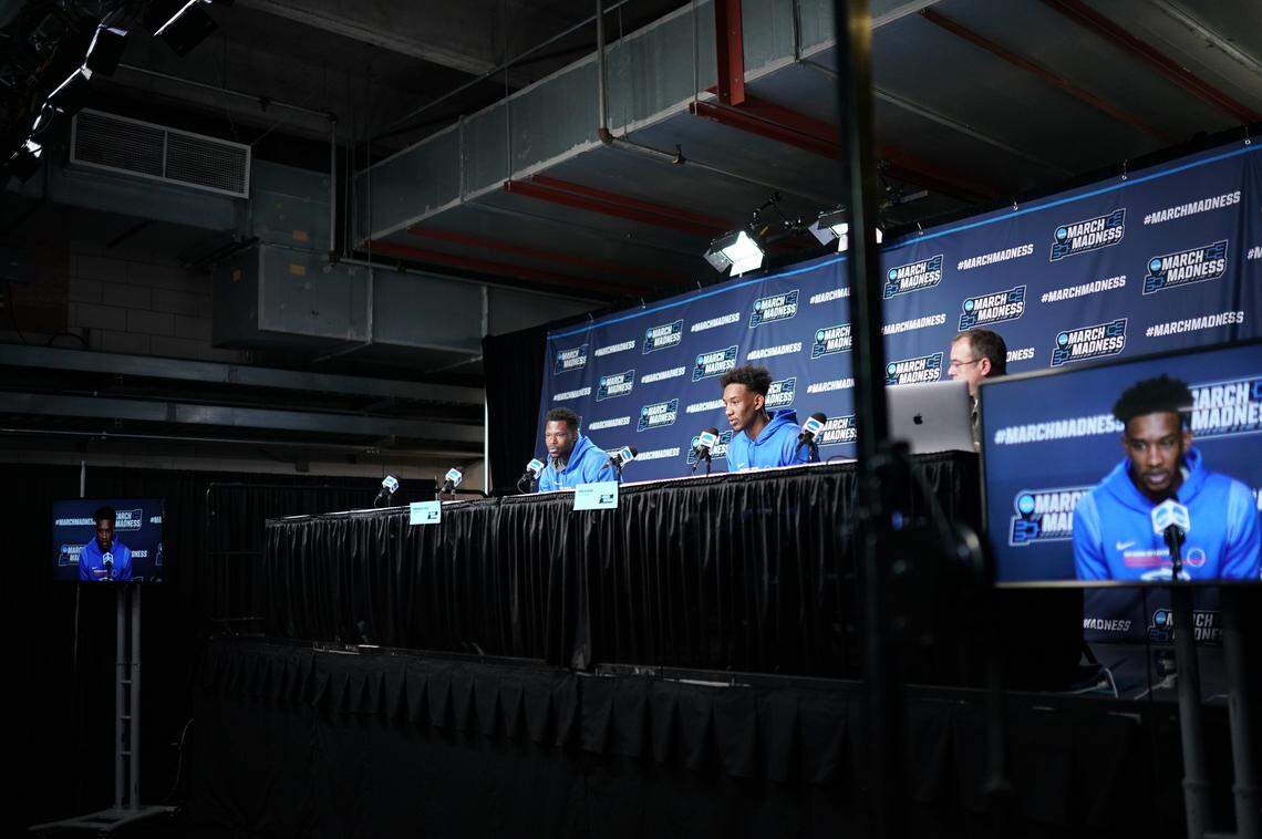 Boise State’s Emmanuel Akot, left, and Abu Kigab field questions from the media on Wednesday at the Moda Center in Portland.