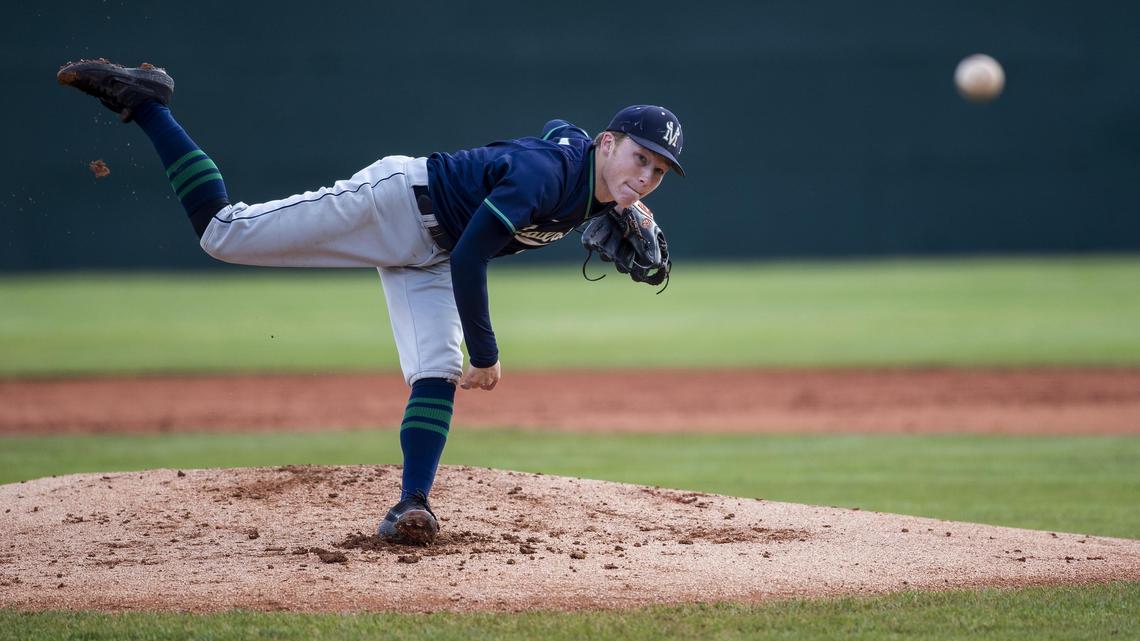 Mountain View senior Caron Smith pitches against Eagle in the semifinals of the state 5A baseball tournament Saturday, May 18, 2019 at Memorial Stadium in Boise.