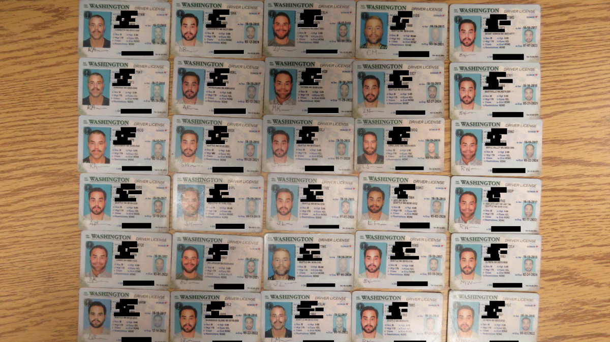 An image of multiple counterfeit driver’s licenses and financial transaction cards recovered by police. They show Ryan M. Tichy’s picture but multiple victims’ names and other information.