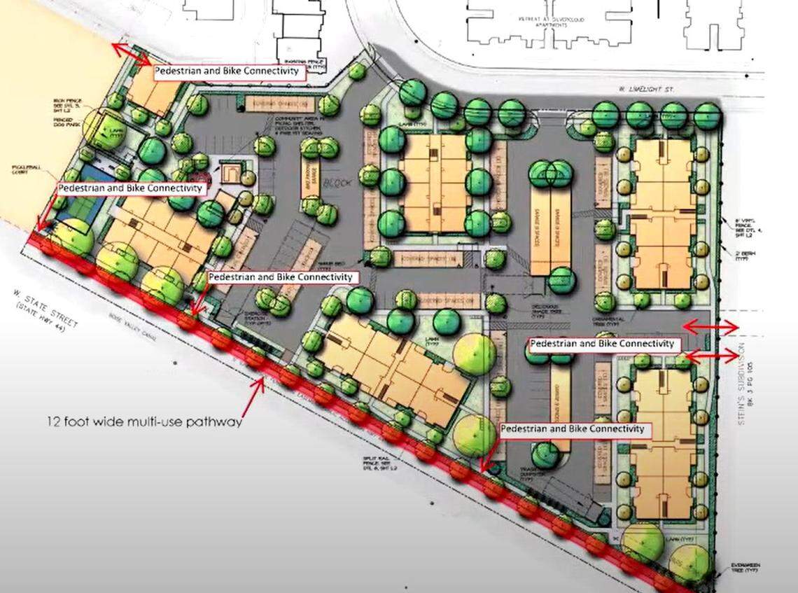 A site plan of the planned development, which includes five 3-story buildings and a duplex on the northwest corner.