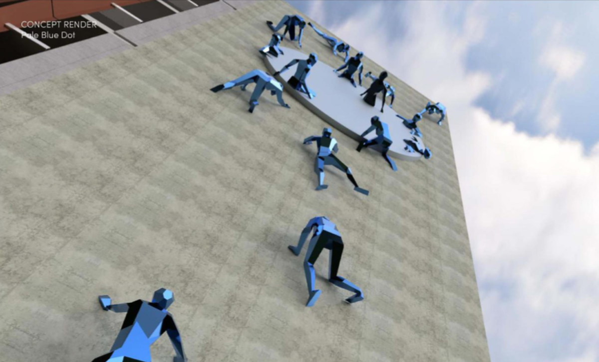 This artist’s rendering shows “The Pale Blue Dot,” a public art work, planned for a 6-story stairway in the new parking garage on the north side of Front Street between 5th and 6th streets in downtown Boise, adjoining the new Home2Suites Hotel. The creation would show iridescent blue human figures formed from aluminum-clad panels climbing the wall toward, and converging at, a blue disk.