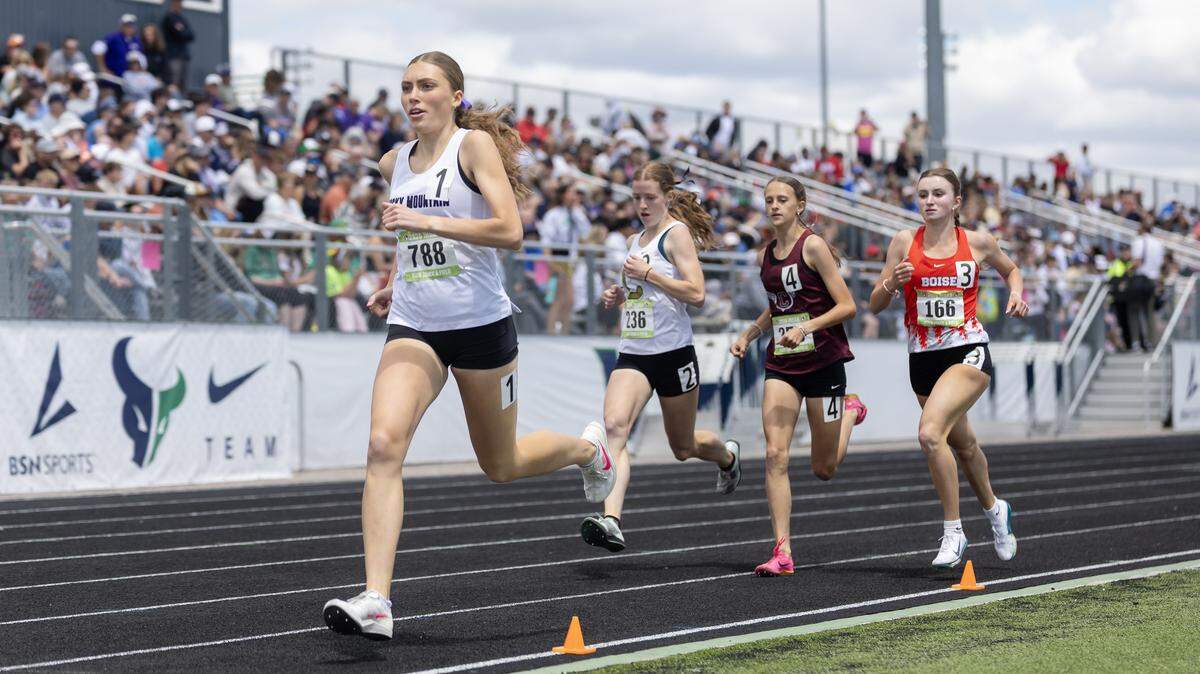 Rocky Mountain's Hallie Heemeyer leads in the6A girls 800 meter race at the IHSAA 6A/5A Track and Field Championships, Saturday, May 16, 2026 at Mountain View High School.