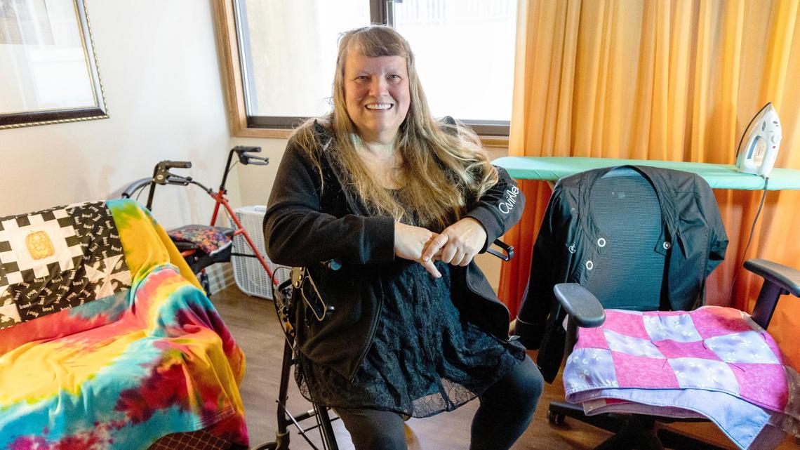 Gerri-Lynn Graves is a resident at the Red Lion hotel through a partnership with the Boise-area homeless shelter Interfaith Sanctuary. Graves lost her job and income after an injury and surgery that led to other complications. Graves is an avid artist and enjoys the tranquility of crafting in her room.