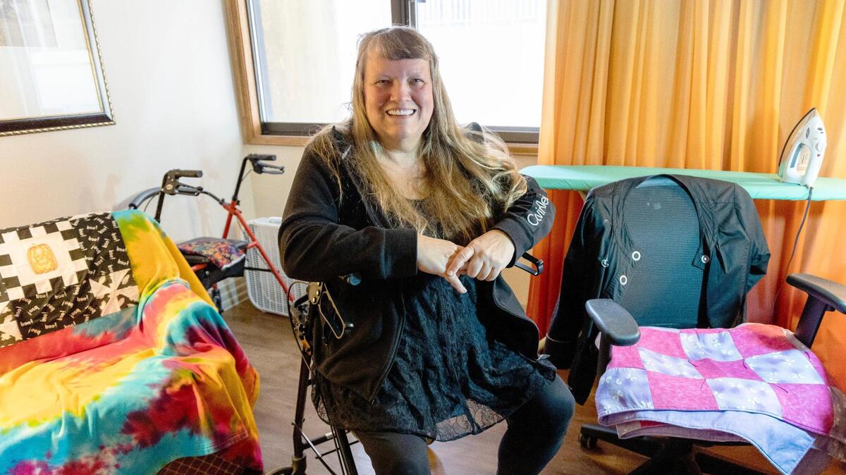 Gerri-Lynn Graves is a resident at the Red Lion hotel through a partnership with the Boise-area homeless shelter Interfaith Sanctuary. Graves lost her job and income after an injury and surgery that led to other complications. Graves is an avid artist and enjoys the tranquility of crafting in her room.