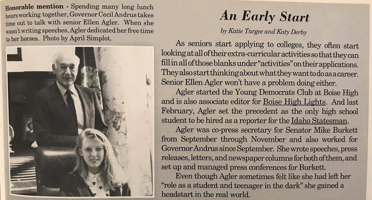 A yearbook entry highlights Agler’s experiences during her time at Boise High School.