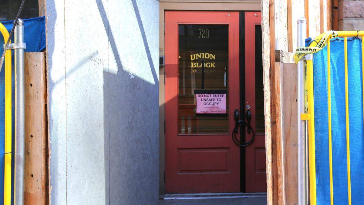 A blocked off entrance to the Union Block building in downtown Boise on June 11, 2024.