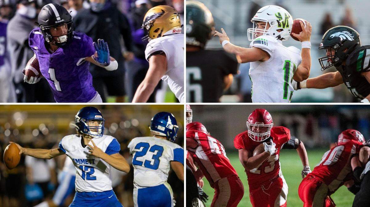 Clockwise from top left, Rocky Mountain, Mountain View, Homedale and Emmett will all play in the state football semifinals this weekend. 