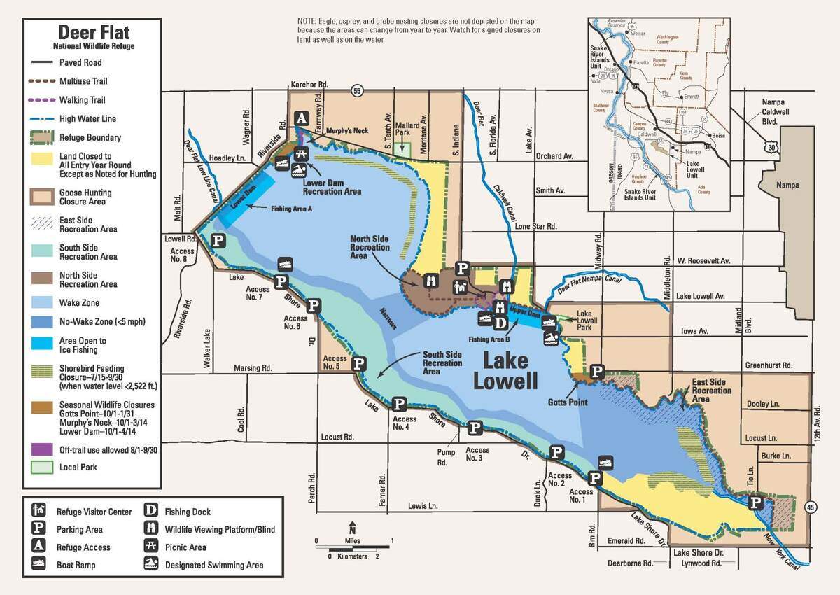 An Idaho Fish and Game map shows Lake Lowell, including access points, recreation facilities and closed areas. A smaller map in the top right corner shows the lake in relation to the Snake River.
