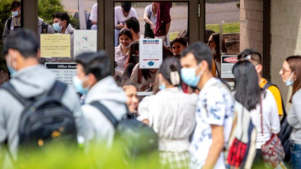 University of Idaho students wait in line outside the Social Security Administration building in Lewiston on Wednesday.