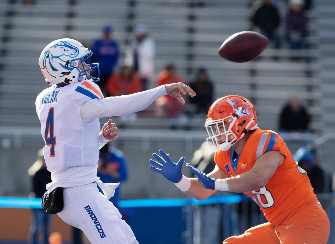 Boise State safety Sam Vidlak throws the ball during their spring game held on Saturday, April 9, 2022, at Albertsons Stadium.