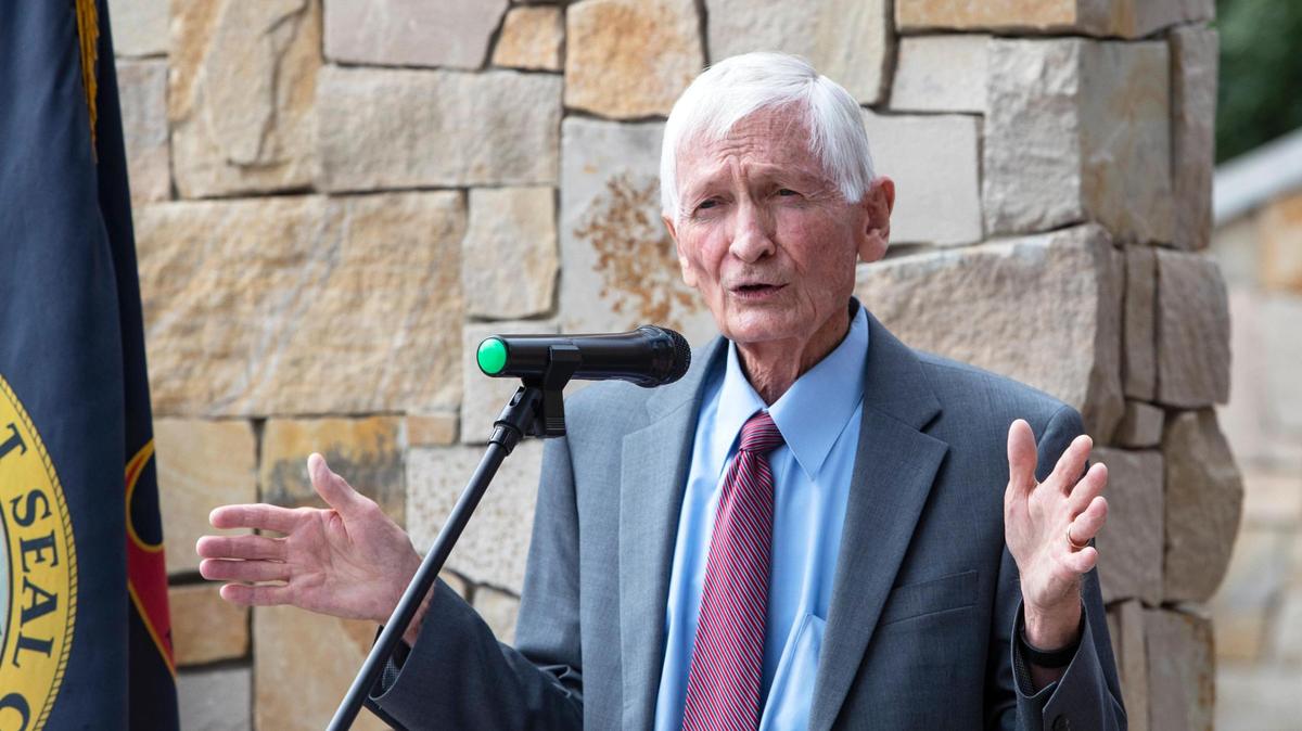 Jim Jones, former chief justice of the Idaho Supreme Court, speaks at a press conference in this 2022 file photo.