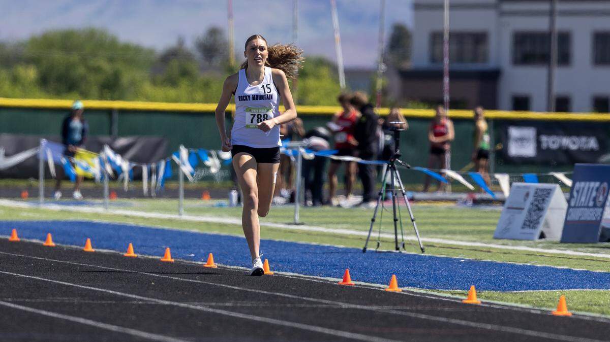 Rocky Mountain's Hallie Heemeyer leads in the 6A girls 1600 meter race at the IHSAA 6A/5A Track and Field Championships, Friday, May 15, 2026 at Mountain View High School.