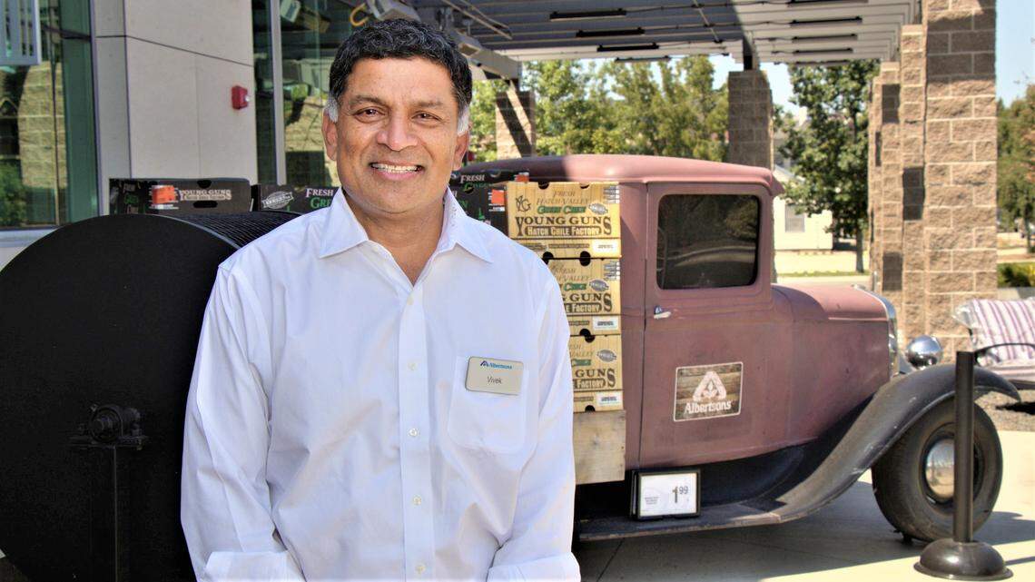 Albertsons Cos. CEO Vivek Sankaran stands outside the company’s Broadway Avenue store in Boise.