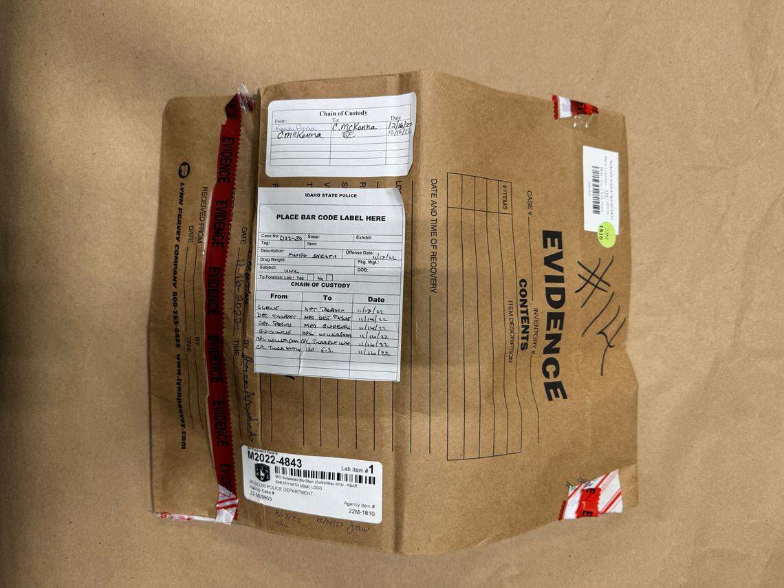 An evidence bag with chain of custody stickers that contained the knife sheath investigators found at the Moscow homicides crime scene in November 2022 was sent to the Idaho State Police crime lab in Meridian for forensic processing. Lab technicians located admitted killer Bryan Kohberger’s DNA on the sheath.