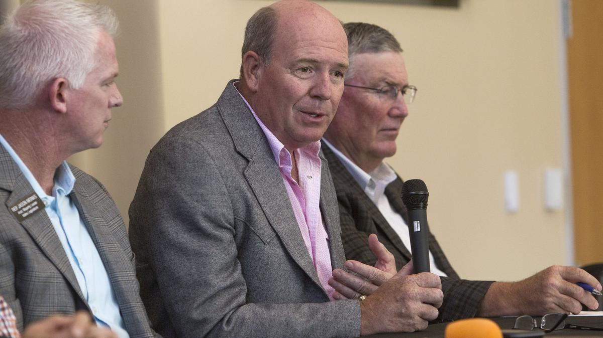 Rep. Mike Moyle, R-Star, Majority Leader of the Idaho House of Representatives, tries to explain state and city budgeting differences in relation to how property taxes are assessed and instituted. Rep. Moyle joined a group of GOP elected officials at a town meeting Tuesday, Aug. 20, 2019 at the Meridian Senior Center in Meridian.