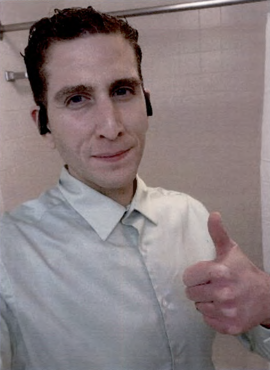 Bryan Kohberger, accused of killing four University of Idaho students, takes a selfie at 10:31 a.m. Nov. 13, 2022, with a thumbs-up in a bathroom hours after the students were stabbed to death. The prosecution intends to admit the photograph as evidence to help corroborate one of the surviving roommates’ statements that the masked intruder she saw in the student’s home had “bushy eyebrows.”