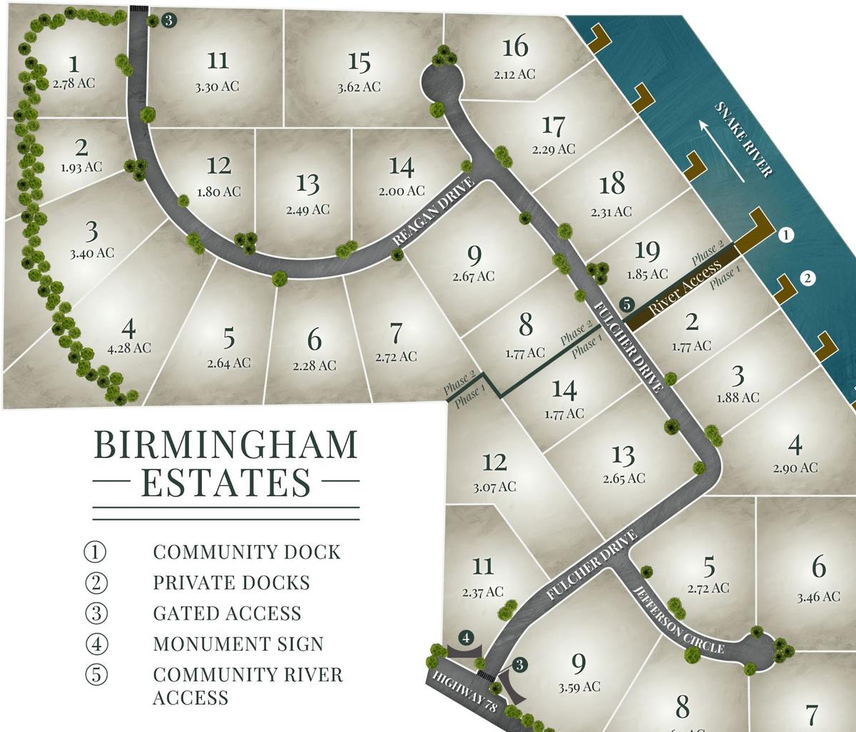 A preliminary site plan for Birmingham Estates shows space for 30 homes between the Snake River, shown at top right, and Highway 78, at bottom center.