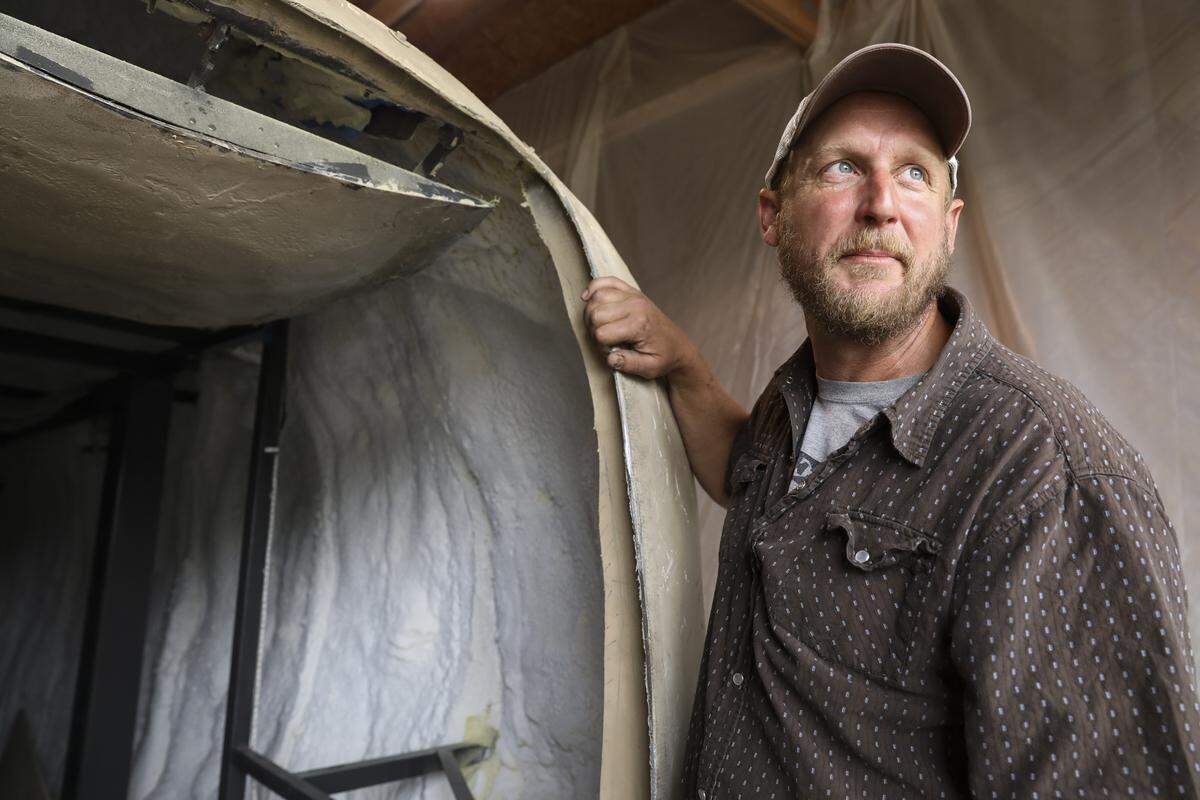The inside of the new Big Idaho Potato is designed for efficient storage and use by the crew that tours the potato around the country -- including a convenient hydraulic hatch.  Potato builder Chris Schofield also notes that the inside of the potato has foam insulation intended to look like mashed potatoes.
