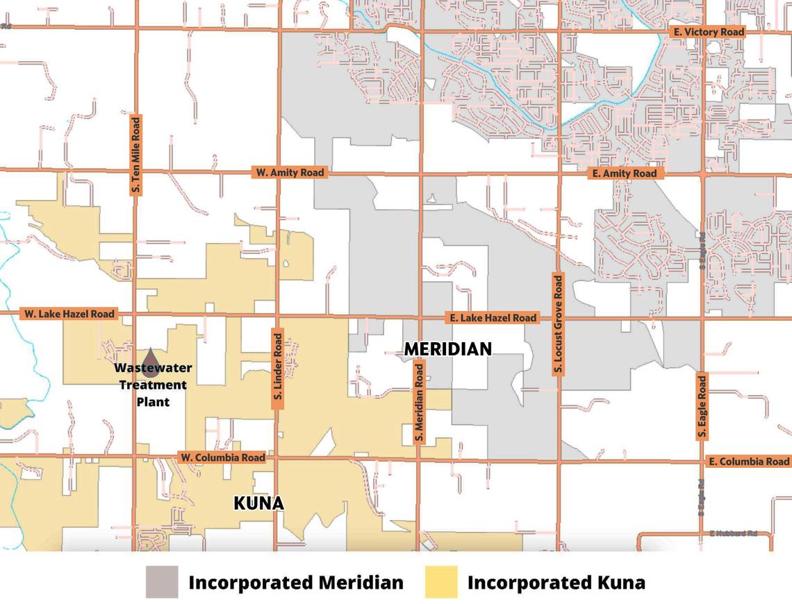 Kuna’s city limits, shown in yellow, have begun to creep closer to Meridian’s, show in gray. The areas in white represent unincorporated Ada County land. Landowners seeking annexation must be adjacent to a landowner that has already incorporated into the city. Tim Eck, a Boise-based real estate investor, said that the large area of unincorporated land between Black Cat and Linder Roads and between East Lake Hazel and Victory Roads has created a “great wall” that blocks land to the south from annexing into Meridian.