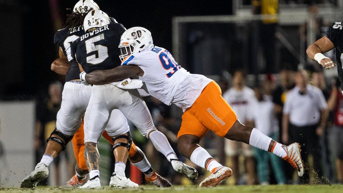 Boise State nose tackle Scale Igiehon tackles UCF running back Isaiah Bowser in the Broncos’ season opener at the Bounce House in Orlando, Fla. Thursday, Sept. 2, 2021.