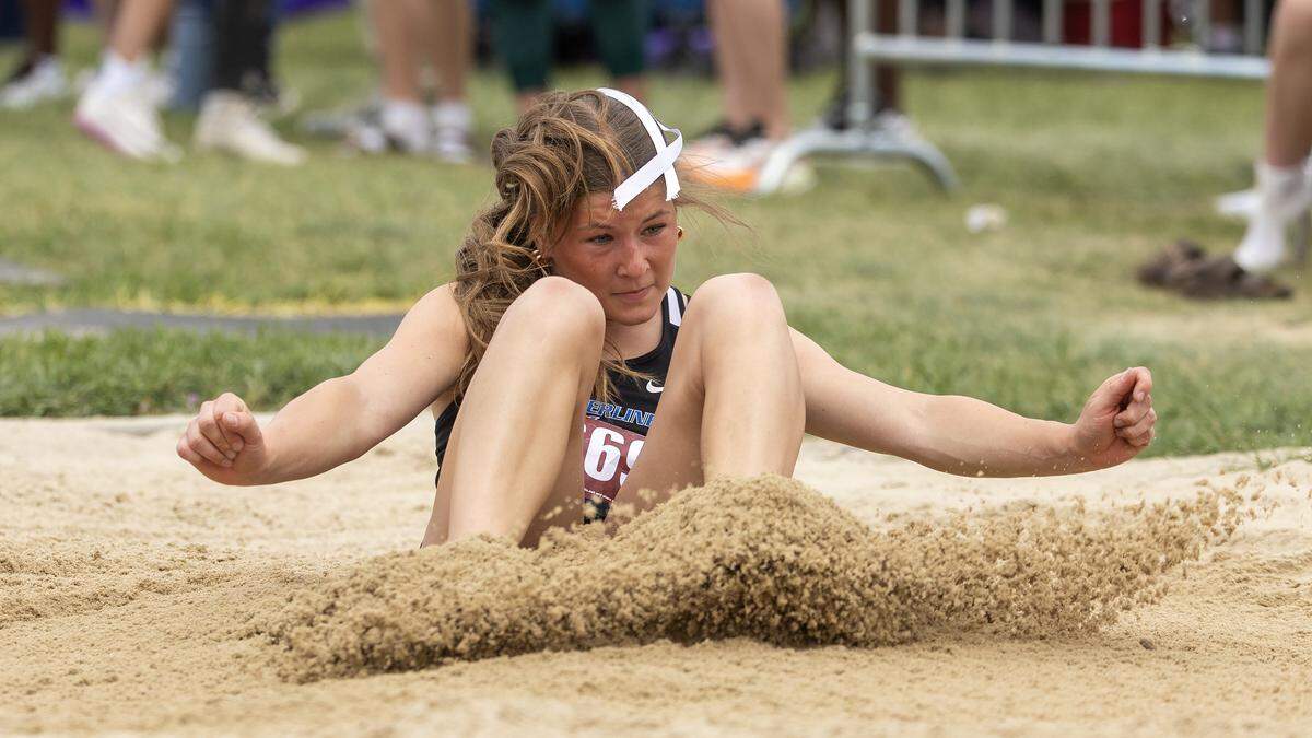 Timberline's Nadja Burkholder competes in triple jump at the 6A District Three track meet, Friday, May 8, 2026, held at Meridian High School. Burkholder finished in first place with a jump of 39' 5.25”.