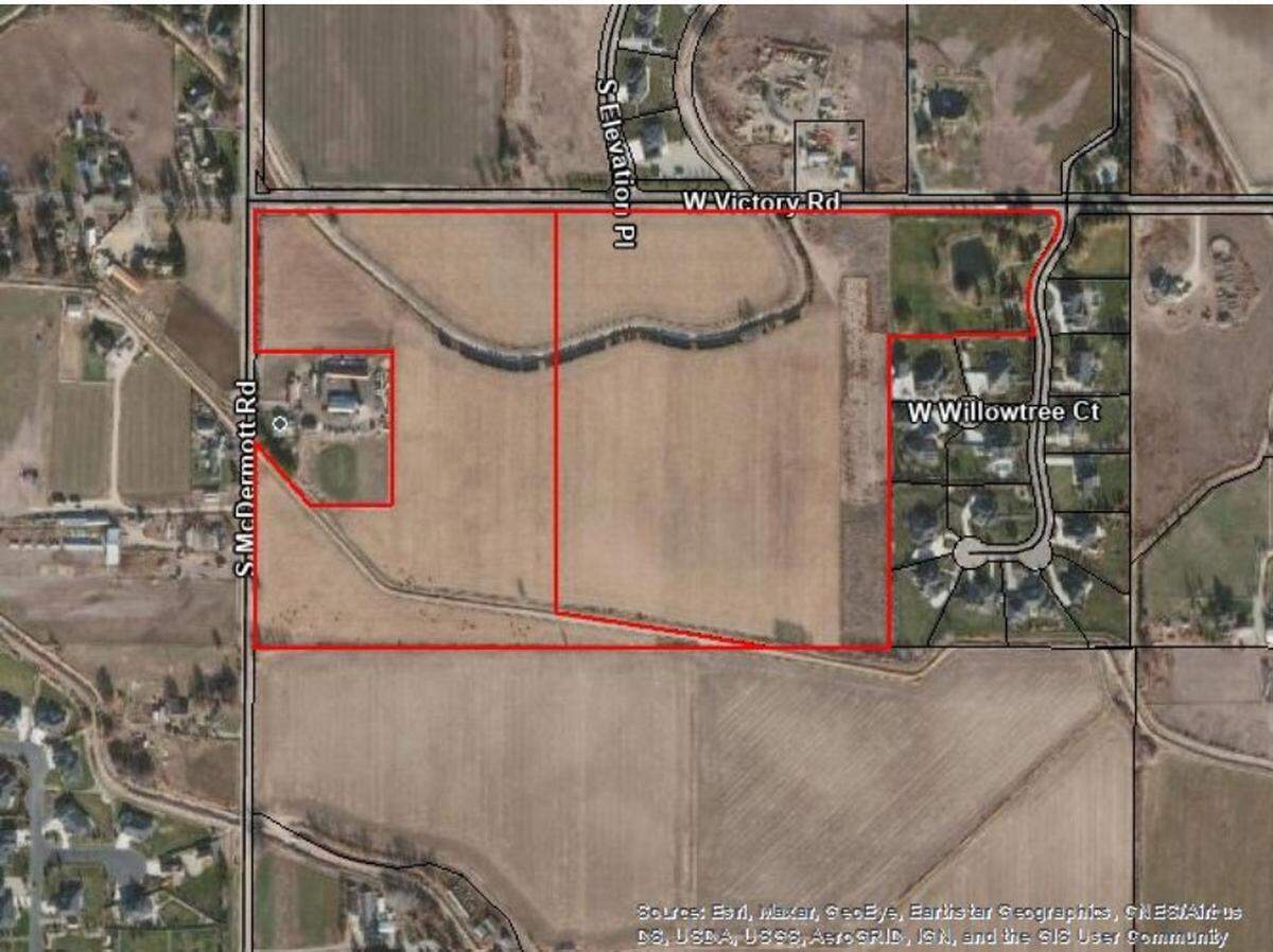 An aerial image of the eleven five-acre lots planned in west Ada County, near the Willowtree Subdivision.