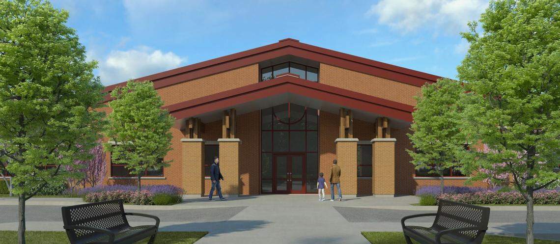 An artist’s rendering of the entrance to the new Highlands Elementary School being built on Bogus Basin Road. The school is scheduled to be ready for the 2020-21 school year.