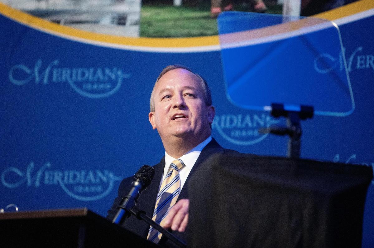 Meridian Mayor Robert E. Simison speaks during the State of the City Address held at the Galaxy Event Center on June 2, 2021. In his 2022 State of the City, Simison addressed affordable housing challenges.