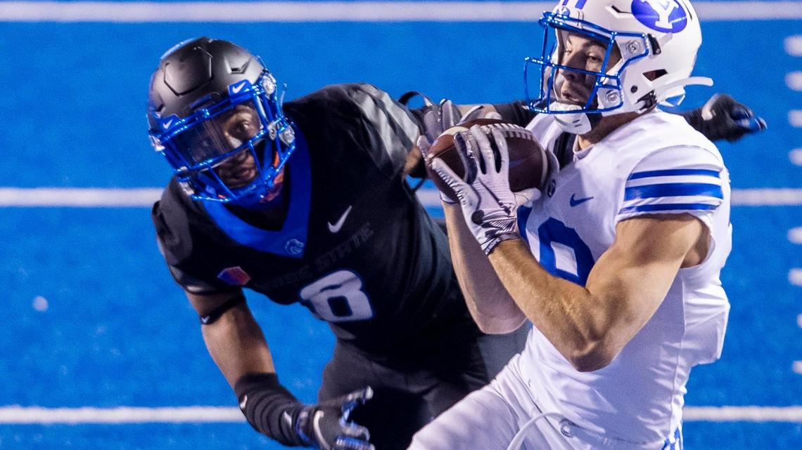 Boise State cornerback Markel Reed tackles BYU wide receiver Gunner Romney during a game at Albertsons Stadium in 2020. Reed has suffered season-ending injuries the past two years.