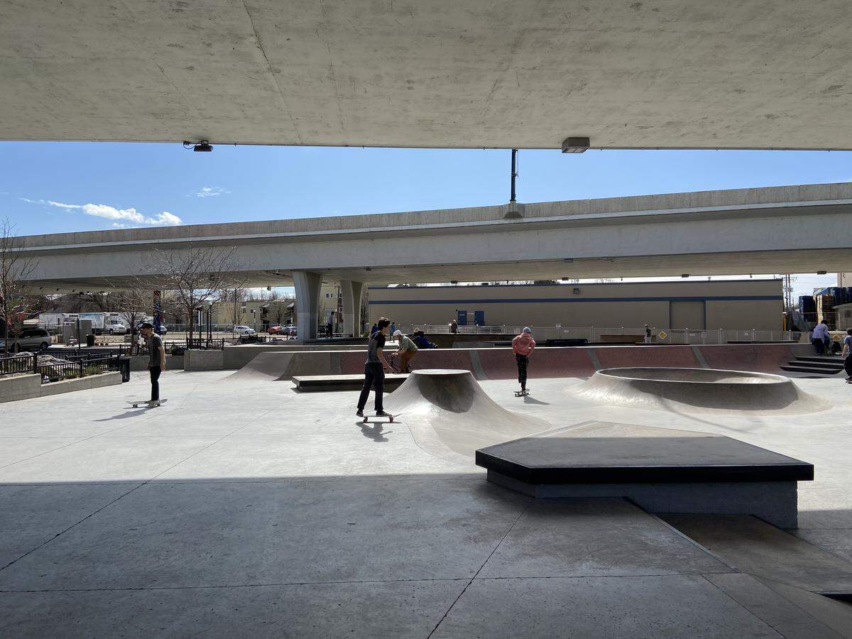 Teenagers enjoy a coronavirus-caused day off from school Wednesday at Boise’s Rhodes Skate Park below the I-184 Connector.