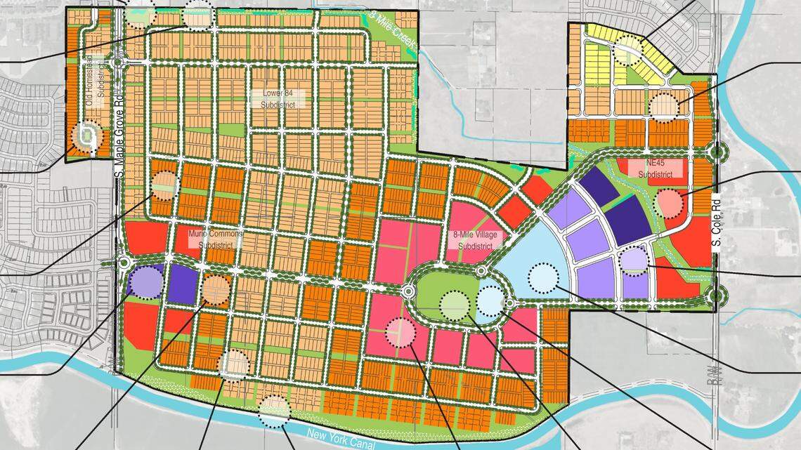 This map shows the proposed site plan for the development, with medium- and high-density housing filling most of it. Single-family homes would fill the northeastern corner, while apartments and a mixed-use area fill the center and include a community area, civic space and school.