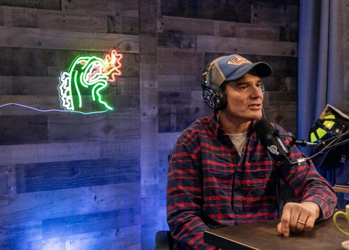 Matt Todd, host of The Ranch podcast, records an interview at his Boise-area studio, Jan. 8, 2026. The Ranch podcast has featured interviews with many Idaho politicians and public figures.