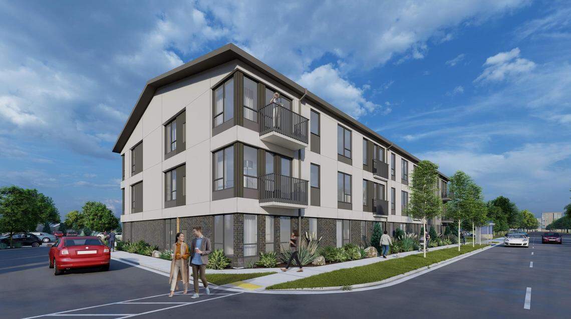 This rendering shows a southeast view of MVRK Development’s proposed Ascent Broadway apartments.